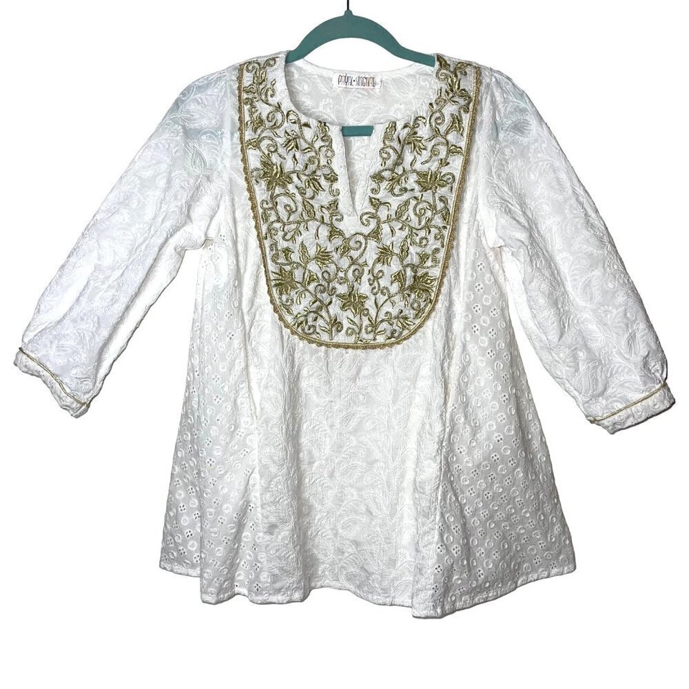 Payal Singhal Womens Tunic Top White Size Small Eyelet Gold Embroidery Pockets
